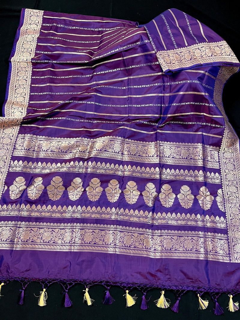 Eggplant Color Saree with undertone of Wine in Pure Banarasi Katan Silk Saree with Copper and Sliver Zari - Kaash