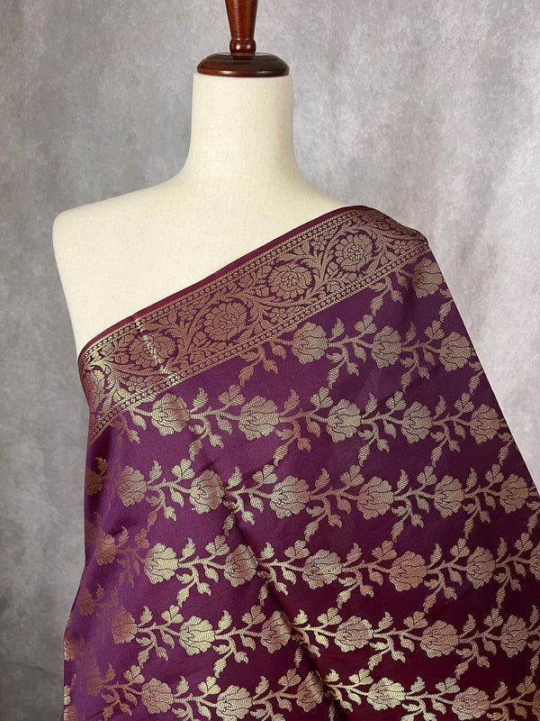 Eggplant Purple Color Banarasi Floral Soft Silk dupatta with Muted Gold Zari Weaving | Light Weight Dupatta | Silk Dupatta | Stole - Kaash