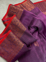 Eggplant Purple & Red Bengal Jamdani Linen Silk saree in linen silk handloom with floral buttis with copper zari & grand pallu — Kaash Collection