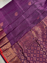 Eggplant Purple & Red Bengal Jamdani Linen Silk saree in linen silk handloom with floral buttis with copper zari & grand pallu — Kaash Collection