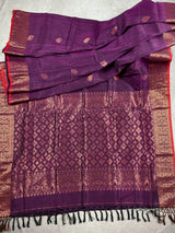 Eggplant Purple & Red Bengal Jamdani Linen Silk saree in linen silk handloom with floral buttis with copper zari & grand pallu — Kaash Collection
