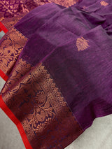 Eggplant Purple with Red Banarasi saree in bengal linen silk handloom with floral buttis with copper zari weaving — Kaash Collection
