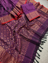 Eggplant Purple with Red Banarasi saree in bengal linen silk handloom with floral buttis with copper zari weaving — Kaash Collection