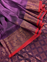 Eggplant Purple with Red Banarasi saree in bengal linen silk handloom with floral buttis with copper zari weaving — Kaash Collection
