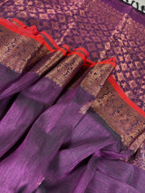 Eggplant Purple with Red Banarasi saree in bengal linen silk handloom with floral buttis with copper zari weaving — Kaash Collection
