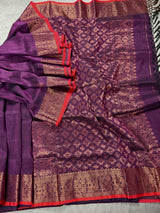 Eggplant Purple with Red Banarasi saree in bengal linen silk handloom with floral buttis with copper zari weaving — Kaash Collection