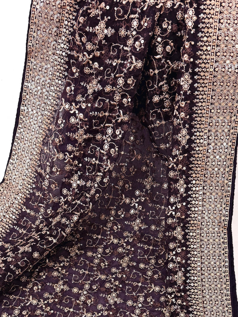 Eggplant Purple soft organza silk dupatta with gold zari embroidery & sequin — Kaash Collection