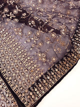 Eggplant Purple soft organza silk dupatta with gold zari embroidery & sequin — Kaash Collection