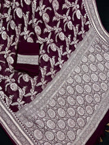 Eggplant Purple pure khaddi georgette silk saree with silver zari weave — Kaash Collection