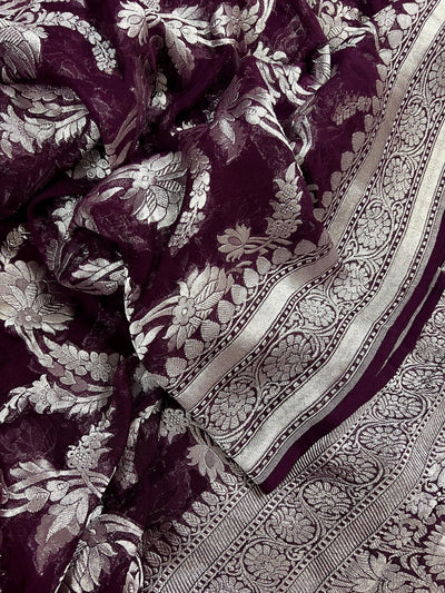 Eggplant Purple pure khaddi georgette silk saree with silver zari weave — Kaash Collection