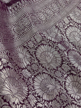 Eggplant Purple pure khaddi georgette silk saree with silver zari weave — Kaash Collection