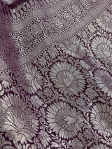 Eggplant Purple Color Pure Georgette Saree with Sliver Zari | Pure Khaadi Georgette | Floral Jaal Saree in Georgette | SILK MARK CERTIFIED - Kaash