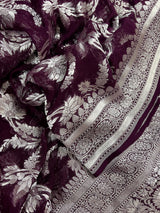 Eggplant Purple Color Pure Georgette Saree with Sliver Zari | Pure Khaadi Georgette | Floral Jaal Saree in Georgette | SILK MARK CERTIFIED - Kaash
