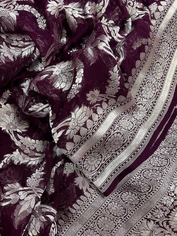 Eggplant Purple Color Pure Georgette Saree with Sliver Zari | Pure Khaadi Georgette | Floral Jaal Saree in Georgette | SILK MARK CERTIFIED - Kaash
