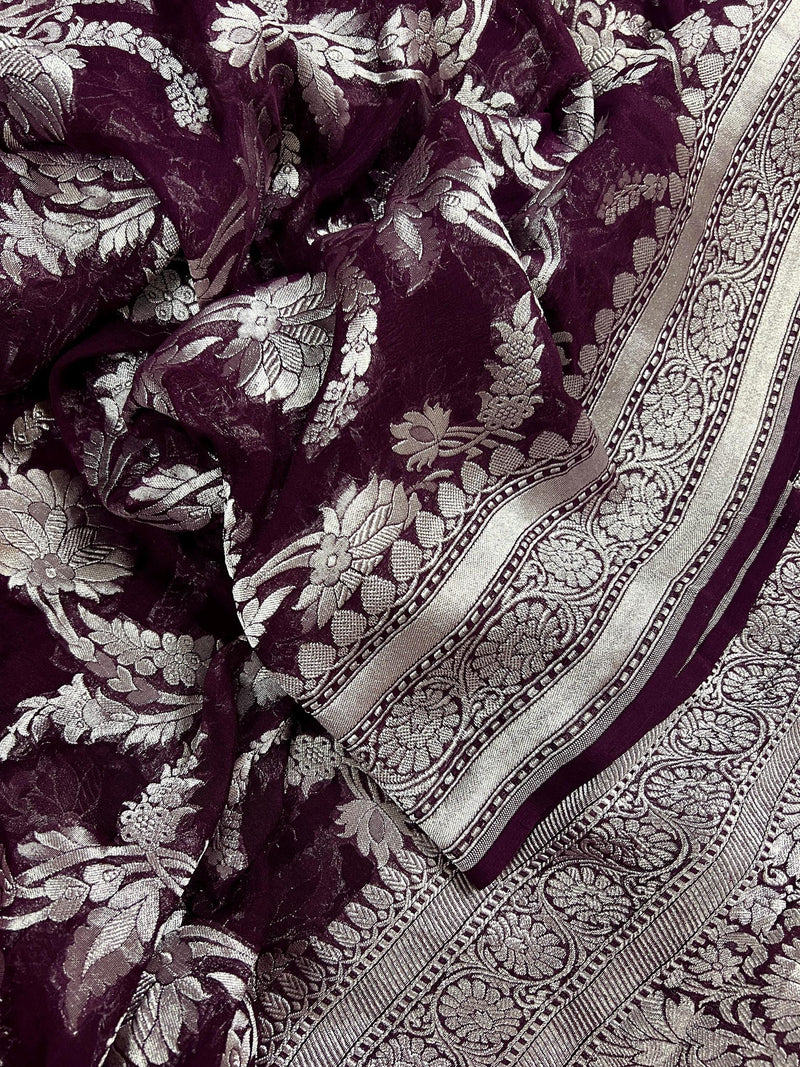 Eggplant Purple Color Pure Georgette Saree with Sliver Zari | Pure Khaadi Georgette | Floral Jaal Saree in Georgette | SILK MARK CERTIFIED - Kaash
