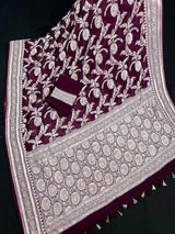 Eggplant Purple Color Pure Georgette Saree with Sliver Zari | Pure Khaadi Georgette | Floral Jaal Saree in Georgette | SILK MARK CERTIFIED - Kaash