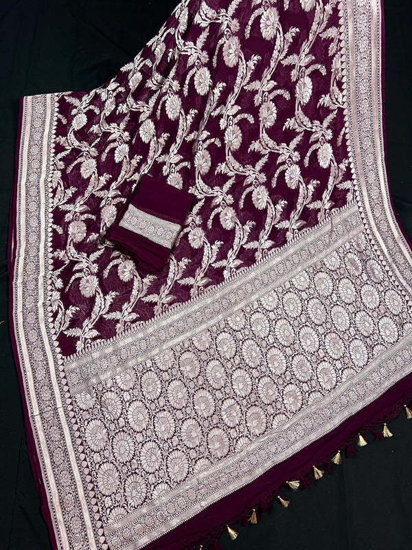 Eggplant Purple Color Pure Georgette Saree with Sliver Zari | Pure Khaadi Georgette | Floral Jaal Saree in Georgette | SILK MARK CERTIFIED - Kaash