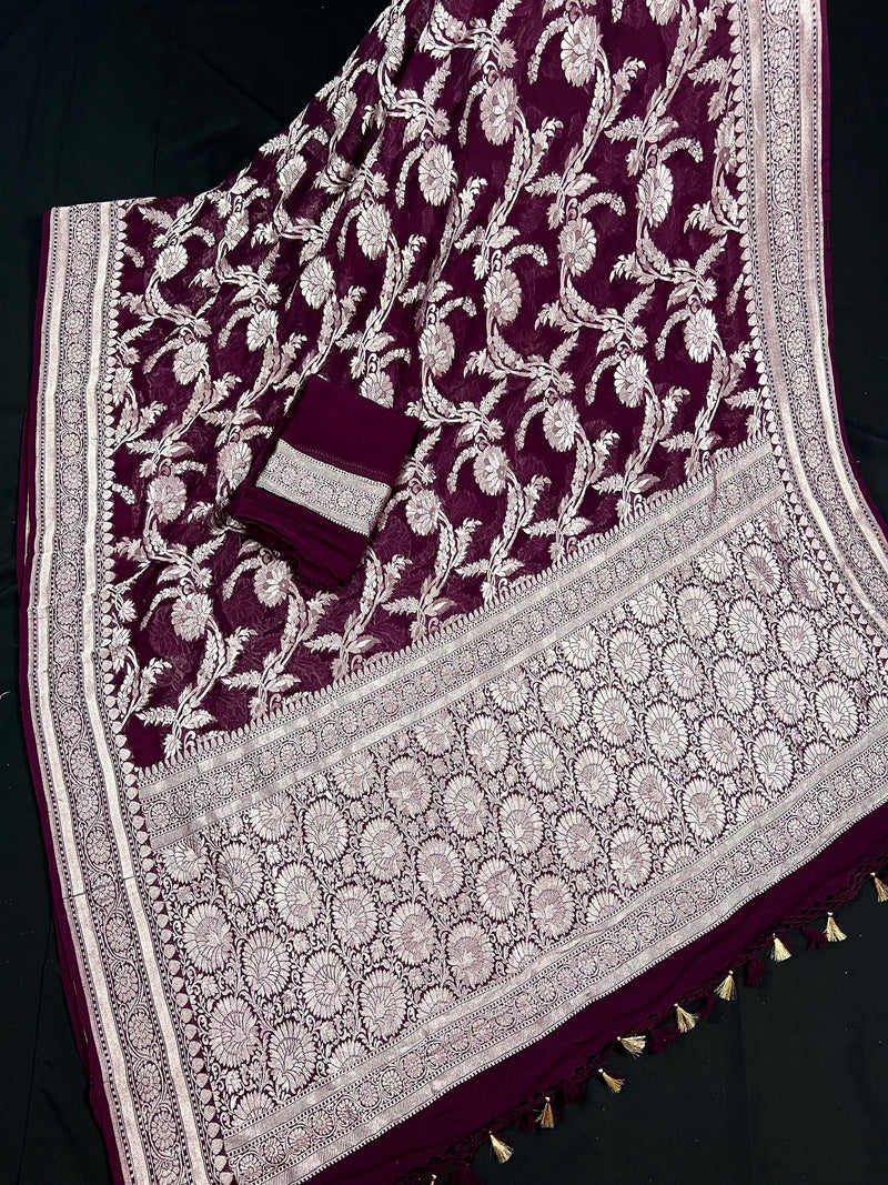 Eggplant Purple Color Pure Georgette Saree with Sliver Zari | Pure Khaadi Georgette | Floral Jaal Saree in Georgette | SILK MARK CERTIFIED - Kaash