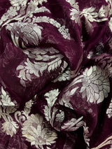 Eggplant Purple Color Pure Georgette Saree with Sliver Zari | Pure Khaadi Georgette | Floral Jaal Saree in Georgette | SILK MARK CERTIFIED - Kaash