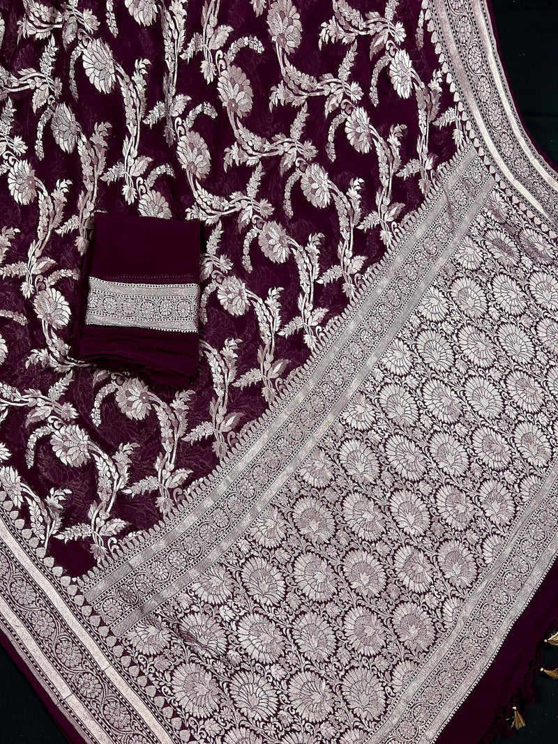 Eggplant Purple Color Pure Georgette Saree with Sliver Zari | Pure Khaadi Georgette | Floral Jaal Saree in Georgette | SILK MARK CERTIFIED - Kaash