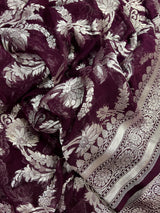Eggplant Purple Color Pure Georgette Saree with Sliver Zari | Pure Khaadi Georgette | Floral Jaal Saree in Georgette | SILK MARK CERTIFIED - Kaash