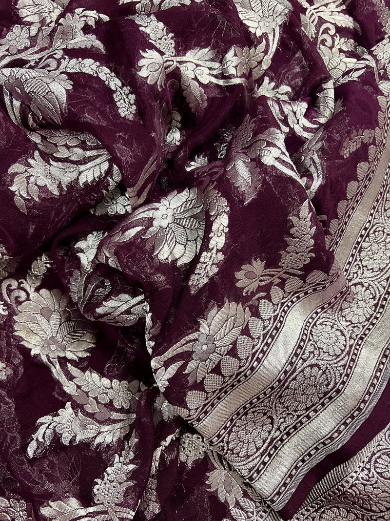 Eggplant Purple Color Pure Georgette Saree with Sliver Zari | Pure Khaadi Georgette | Floral Jaal Saree in Georgette | SILK MARK CERTIFIED - Kaash