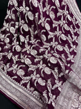 Eggplant Purple Color Pure Georgette Saree with Sliver Zari | Pure Khaadi Georgette | Floral Jaal Saree in Georgette | SILK MARK CERTIFIED - Kaash