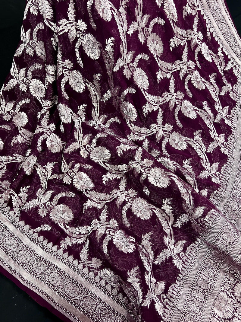 Eggplant Purple Color Pure Georgette Saree with Sliver Zari | Pure Khaadi Georgette | Floral Jaal Saree in Georgette | SILK MARK CERTIFIED - Kaash