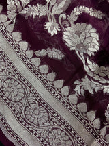 Eggplant Purple Color Pure Georgette Saree with Sliver Zari | Pure Khaadi Georgette | Floral Jaal Saree in Georgette | SILK MARK CERTIFIED - Kaash