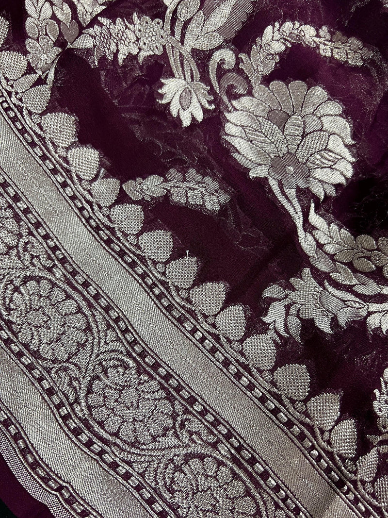 Eggplant Purple Color Pure Georgette Saree with Sliver Zari | Pure Khaadi Georgette | Floral Jaal Saree in Georgette | SILK MARK CERTIFIED - Kaash