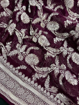 Eggplant Purple Color Pure Georgette Saree with Sliver Zari | Pure Khaadi Georgette | Floral Jaal Saree in Georgette | SILK MARK CERTIFIED - Kaash
