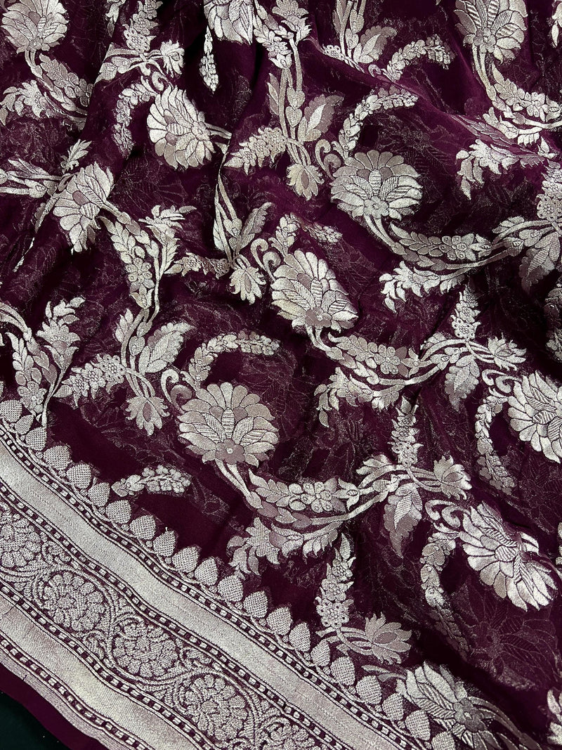 Eggplant Purple Color Pure Georgette Saree with Sliver Zari | Pure Khaadi Georgette | Floral Jaal Saree in Georgette | SILK MARK CERTIFIED - Kaash