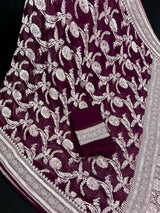 Eggplant Purple Color Pure Georgette Saree with Sliver Zari | Pure Khaadi Georgette | Floral Jaal Saree in Georgette | SILK MARK CERTIFIED - Kaash