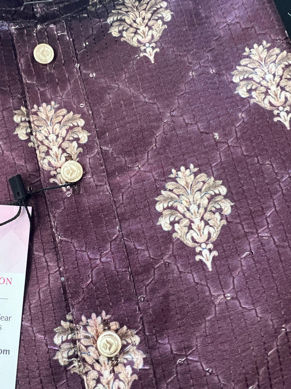 Eggplant Purple Designer Kurta with Floral Digital Print in Soft Butter Silk with Thread and Sequence Work | Mens Ethnic Wear | Kurta Store - Kaash