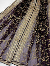 Eggplant Purple Organza Silk Dupatta with Gold Zari Embroidery Sequins, Wedding Lehanga Accessory - Kaash