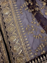 Eggplant Purple Organza Silk Dupatta with Gold Zari Embroidery Sequins, Wedding Lehanga Accessory - Kaash
