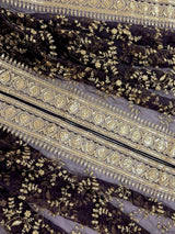 Eggplant Purple Organza Silk Dupatta with Gold Zari Embroidery Sequins, Wedding Lehanga Accessory - Kaash