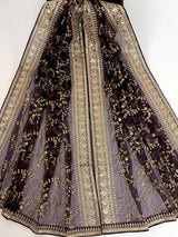 Eggplant Purple Organza Silk Dupatta with Gold Zari Embroidery Sequins, Wedding Lehanga Accessory - Kaash