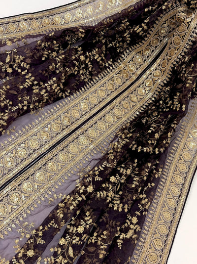 Eggplant Purple Organza Silk Dupatta with Gold Zari Embroidery Sequins, Wedding Lehanga Accessory - Kaash