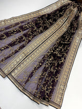 Eggplant Purple Organza Silk Dupatta with Gold Zari Embroidery Sequins, Wedding Lehanga Accessory - Kaash