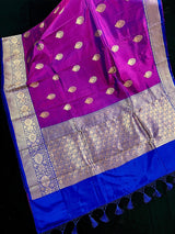 Silk Mark Certified Eggplant Purple with Blue Pallu saree in pure katan silk with blue border & pallu with dual-tone body — Kaash Collection