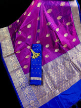 Silk Mark Certified Eggplant Purple with Blue Pallu saree in pure katan silk with blue border & pallu with dual-tone body — Kaash Collection