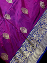 Silk Mark Certified Eggplant Purple with Blue Pallu saree in pure katan silk with blue border & pallu with dual-tone body — Kaash Collection
