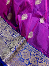 Silk Mark Certified Eggplant Purple with Blue Pallu saree in pure katan silk with blue border & pallu with dual-tone body — Kaash Collection