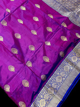 Silk Mark Certified Eggplant Purple with Blue Pallu saree in pure katan silk with blue border & pallu with dual-tone body — Kaash Collection