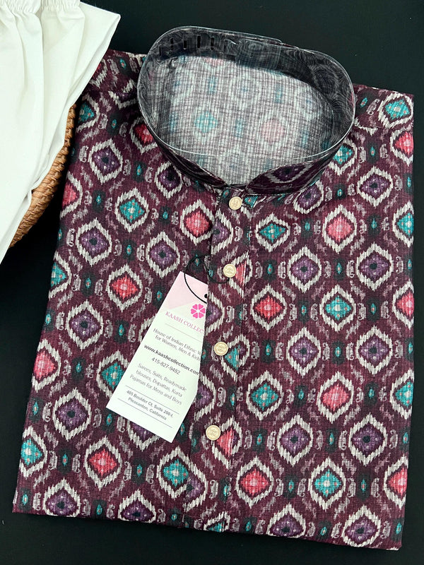 Eggplant Purple Soft Men Kurta with Ikkat Digital Prints | Soft Silk Kurta for Men | Men Ethnic Wear | Ethnic Men Wear in USA - Kaash