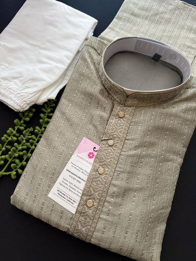 English Grey (Greenish Grey) men's kurta pajama in pure cotton with lucknowi embroidery with silver sequin — Kaash Collection