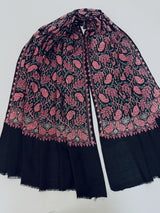 Exquisite Black Kashmiri Wool Shawl with Aari Embroidery, Soft and Light Weight - Kaash
