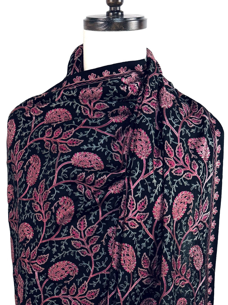 Exquisite Black Kashmiri Wool Shawl with Aari Embroidery, Soft and Light Weight - Kaash