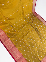 Fenugreek Color Pure Katan Silk Saree with Red Color Border and Pallu - Kaash